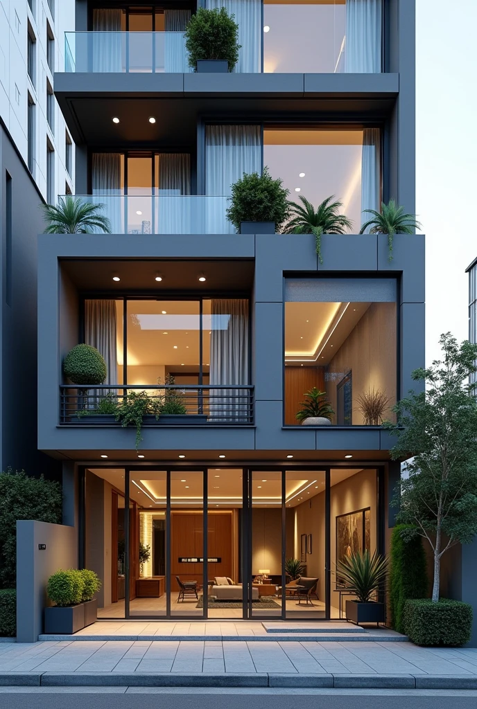 Residential facade , ground floor , in condominium , modern ultra realistic , 4K , High-resolution rendering