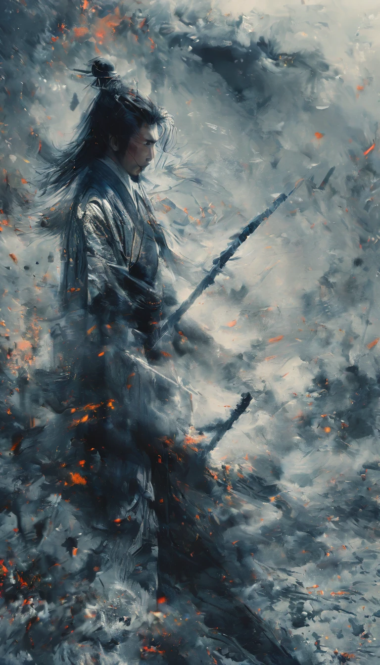 a realistic poster of a young agile and short male samurai, with a pair of wakizashi, with black hair in a bun, his white and blue clothes and armor, decorated with air and feather motifs., dark mood ::2 multi-layered compositions, uhd image intricate patterns and details ::1 dramatic ilumination, Chinese ink, wash technique, a katana very detailed, splatter ink, black and white, black and white still, digital Art, perfect composition, beautiful detailed intricate insanely detailed, octane render trending on artstation, 8 k artistic photography, sumi-e concept art, soft natural volumetric cinematic perfect light, chiaroscuro