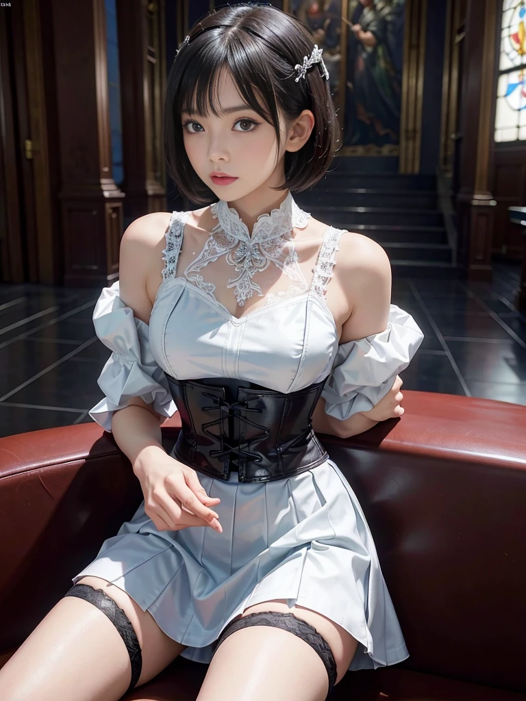 masterpiece, 1 beautiful girl, Highest quality, 超High resolution, (reality: 1.4), Original photo, Cinema Lighting, Japan, Asian Beauty, so beautiful, Beautiful Skin, thin, (超reality的な), (High resolution), (8k), (Very detailed), (Best illustrations), (Beautiful and beautiful eyes), (Very detailedな) , Detailed face, Looking at the audience, Look straight ahead, Crimson leather corset dress , short hair, Black Hair, 46 point diagonal bangs, White Church, Clean atmosphere,mini skirt,garter belt,Sitting