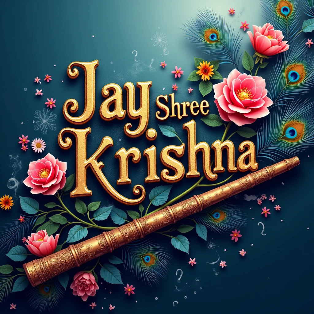 A colorfull Dynamic imege composition featuring the word Jay Shree Krishna rendered in ornate, metallic letters. Surrounding it are vibrant peacock feathers in shades of blue, blue, and red, along with pink flowers and wisps of smoke. A dynamic flute, intricately detailed, is positioned diagonally across the bottom of the image, set against a rich dynamic background.