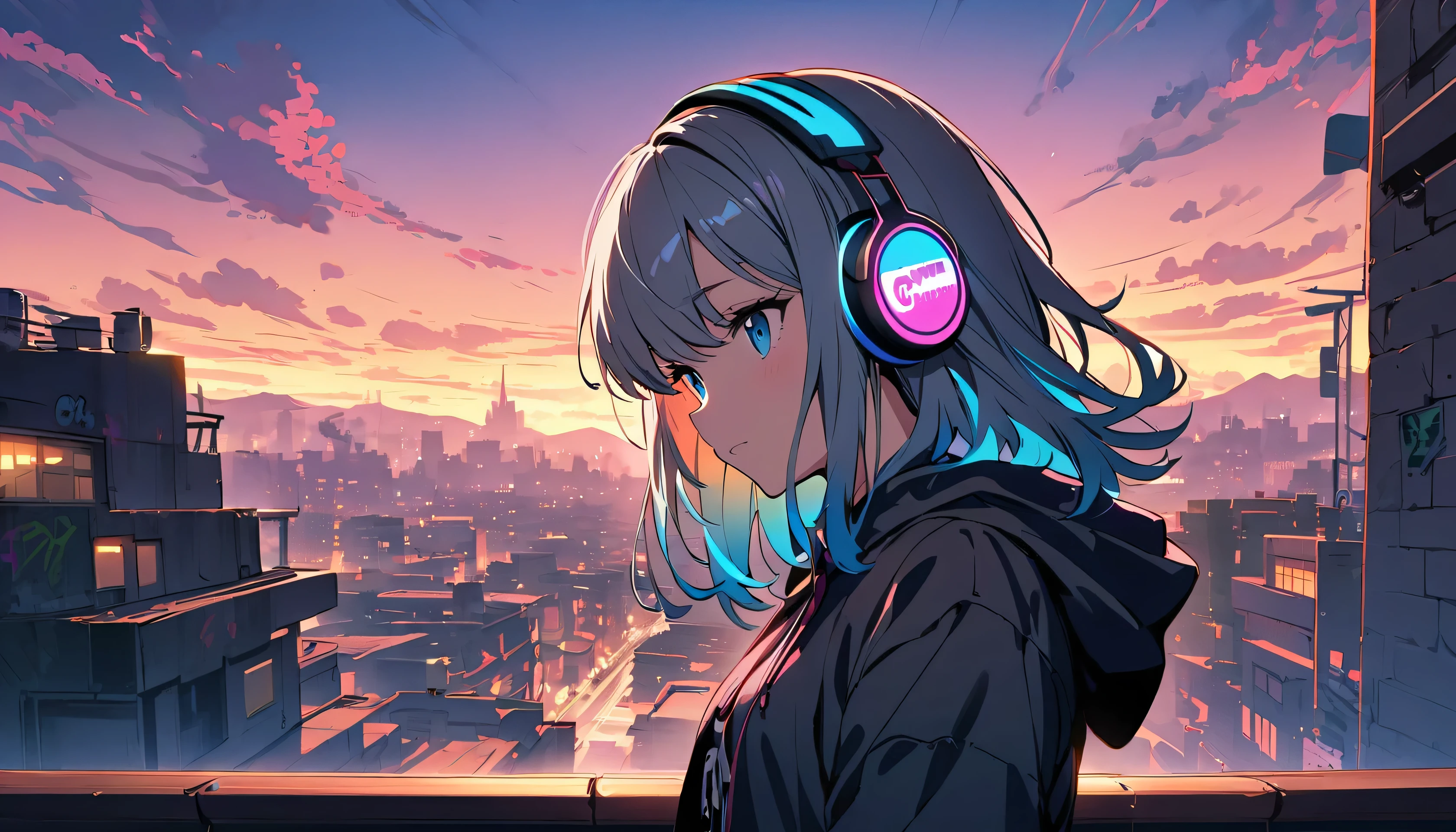 cute, Lonely, 1 female, Medium length hair, Gray Hair, Rainbow Hair, blue eyes, Rainbow Headphones, Futuristic, Panorama, At night, avert your eyes, color hoodie, human center, Outdoor, White cloud, graffiti Popularity spray art wall Panorama,