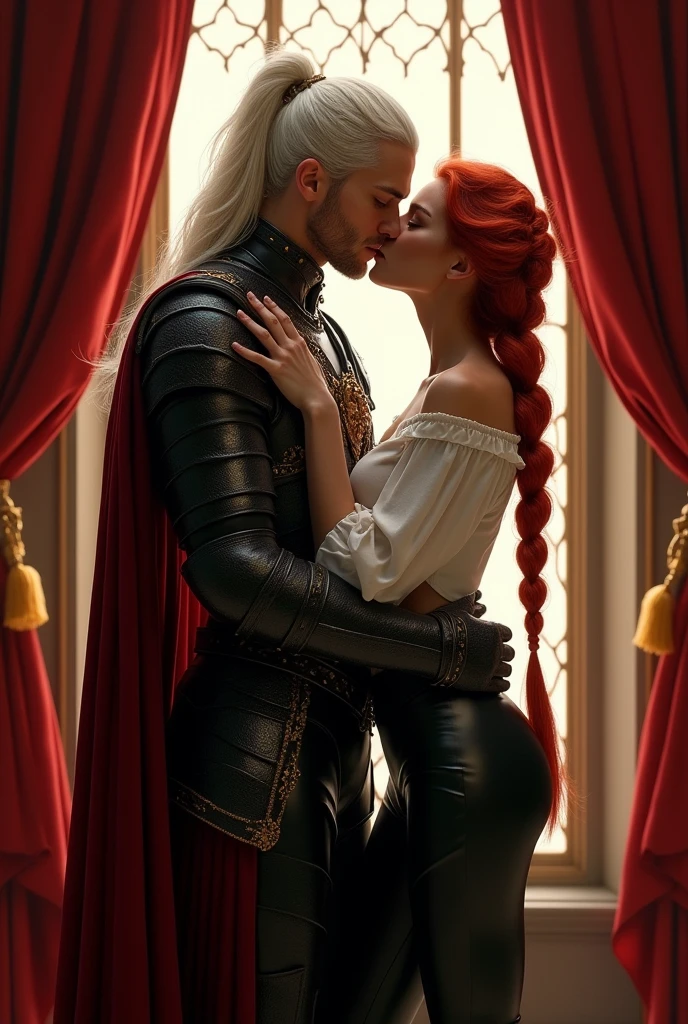 Create a handsome and attractive prince of hell, that he is wearing dark armor with gold and a cape, that has white hair tied back in a high ponytail, that he is kissing hard a beautiful redhead woman, that she has her hair in a single braid and that she is dressed in a white shirt with a white shirt that has leather pants and boots up to her knees. Put them both hidden behind a red curtain against a large window. 