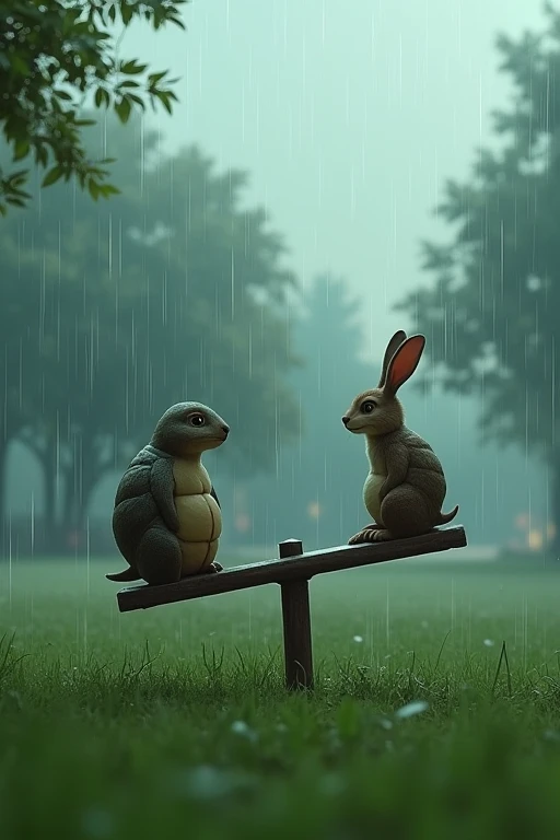 Large grassy park。it's raining。There is only one seesaw in the middle。
On that seesaw、There is no one playing with the tortoise and the hare