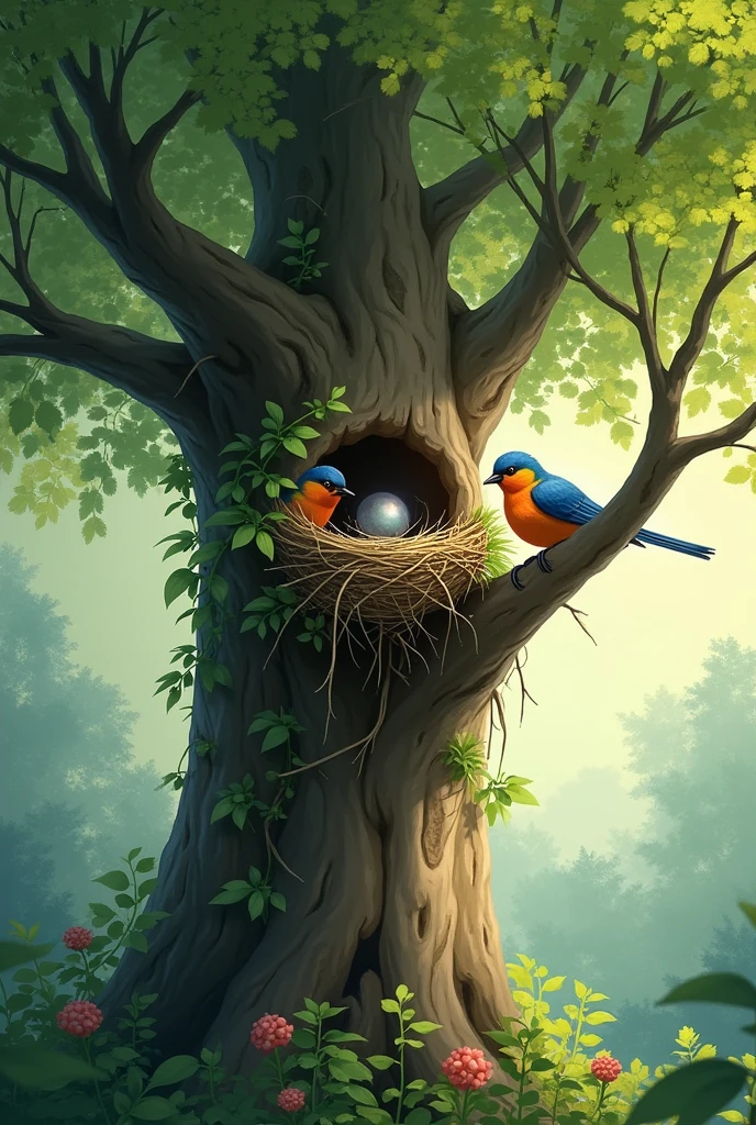 **Birds Nesting in Trees:** Show a tree with a bird’s nest in its branches. The bird is actively using the tree for nesting while the tree remains unaffected by the presence of the nest.