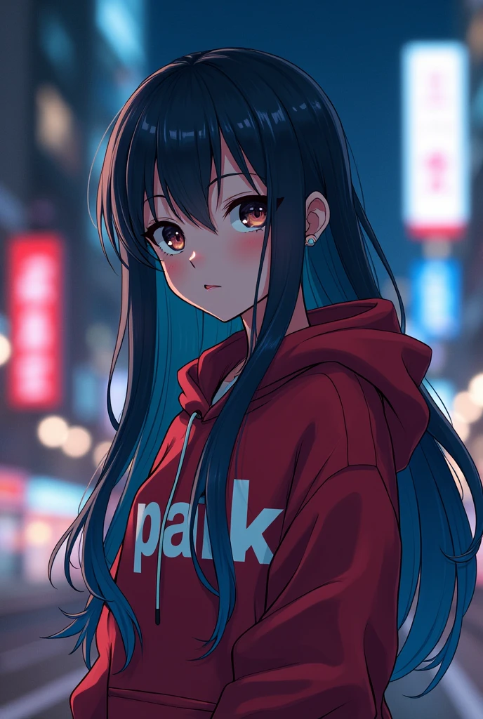 Create anime character;
{background: capital HD text: “GLBK” in right-top, night}, tanned skin,
realistic, HDR, beautiful, japan style, full body, age 20, hoodie HD text: “Paik”, female, color Gradient hair, long hair
