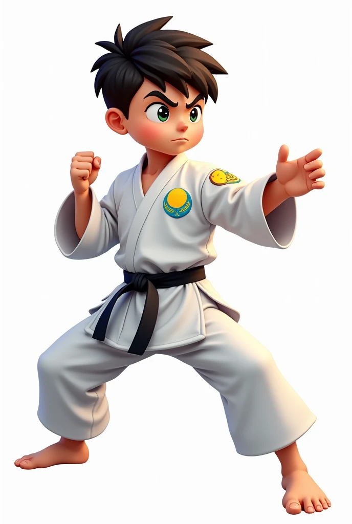 ((officially)) ((masterpiece)) ((Best quality)) ((detailed)) cartoon boy karateka in uniform with emblem flag of Kazakhstan in fighting stance on white background