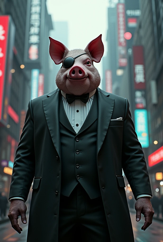 Big man with pig head with eye patch wear tuxedo, big boss vibes, with cyberpunk city background, cinematic, realistic, high details, journey to the West, humanoid,