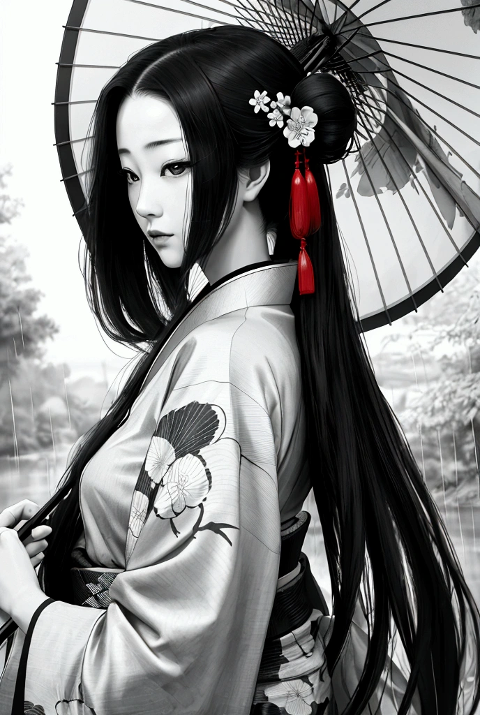 Kimono Girl、Ukiyo-e, One woman, High resolution, Black Hair, High resolution, masterpiece, Long Hair, Wide-angle shot,Back view、Under the willow tree、rain、Use an umbrella、look back、Anatomically correct, Highest quality, Monochrome、Beautiful Face、Background blur,