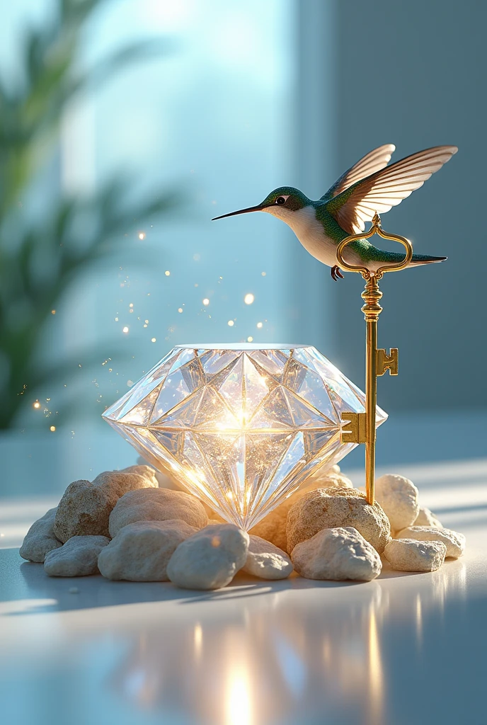 Image of a diamond stone standing out well, a golden key in an upright position and a hummingbird