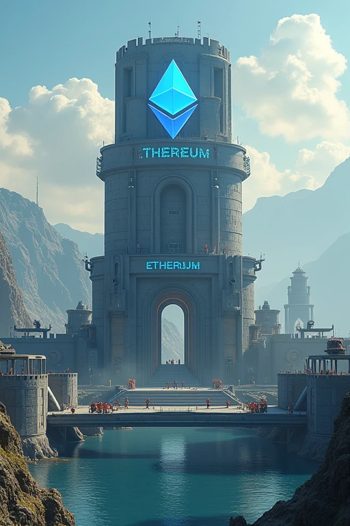 A futuristic fortress with 'Optimism' written on it, surrounded by a moat. The fortress is being upgraded with new security features, represented by workers adding new layers and technologies. Ethereum logo floats above as a protective shield. In the background, other L2 solutions watch with interest.