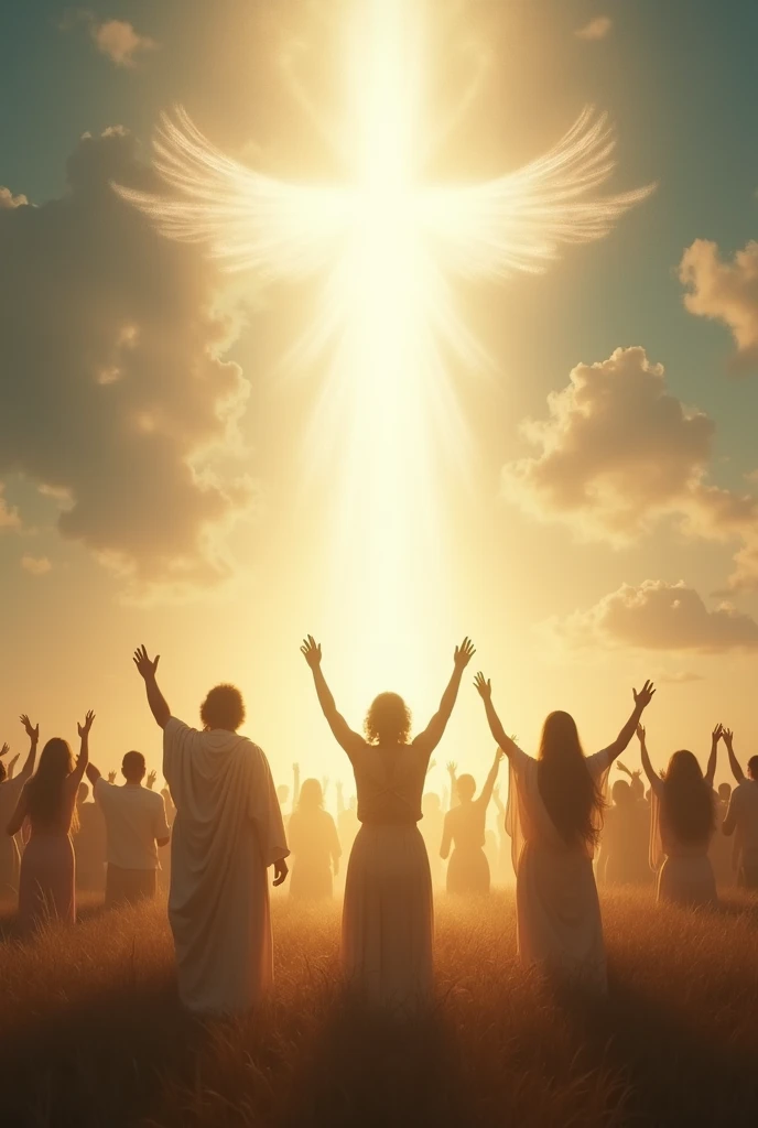 An ethereal and luminous representation of the Spirit of God, depicted as a radiant light descending upon a group of believers. The setting is a serene, sunlit field with a clear sky, symbolizing peace and divine presence. The believers stand with arms raised, filled with hope and reverence, as the Holy Spirit empowers them. The light softly envelops them, creating an atmosphere of spiritual awakening and connection with God."