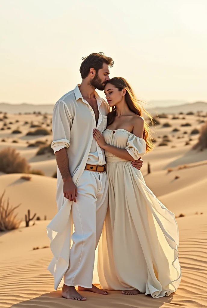 The photo of couple standing together in the middle of a desert. They are both dressed in flowing white clothing that contrasts beautifully with the soft, golden sand around them. The woman is leaning against the man, smiling, while the man gazes into the distance, creating a serene and romantic atmosphere. The vast desert landscape stretches out behind them, dotted with sparse vegetation, under a clear, pale sky. The image captures a peaceful and intimate moment in a stunning, natural setting.