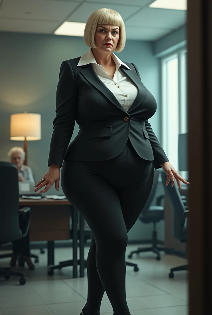 50 years old, A woman with short blonde haire, square cut Real women, she has an hourglass figure, she has a surreal, hentai-like physique, with exaggerated curves that showcase large buttocks and voluminous breasts, she is verry slim
Executive: Elegant, professionally dressed woman.
Attire:
Jacket: Black suit.
Top: White blouse.
Bottom: Fitted pants.
Shoes: Black stiletto heels.
Context: Modern office, tense, chaotic atmosphere.
Action: She has an angry look and, in a moment of intense stress, she relieves herself, splashing the area around her.
Expression: Angry face, furrowed brows, tense mouth.
Atmosphere: Heavy, unpleasant atmosphere, accentuating the shocking nature of the incident.