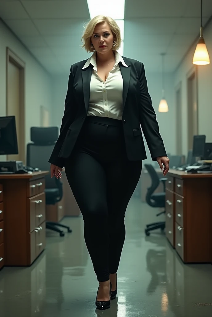50 years old, A woman with short blonde haire, square cut Real women, she has an hourglass figure, she has a surreal, hentai-like physique, with exaggerated curves that showcase large buttocks and voluminous breasts, she is verry slim


Executive: Elegant, professionally dressed woman.
Attire:
Jacket: Black suit.
Top: White blouse.
Bottom: Fitted pants.
Shoes: Black stiletto heels.
Context: Modern office, tense, chaotic atmosphere.
Action: She has an angry look and, in a moment of intense stress, she relieves herself, splashing the area around her.
Expression: Angry face, furrowed brows, tense mouth.
Atmosphere: Heavy, unpleasant atmosphere, accentuating the shocking nature of the incident.