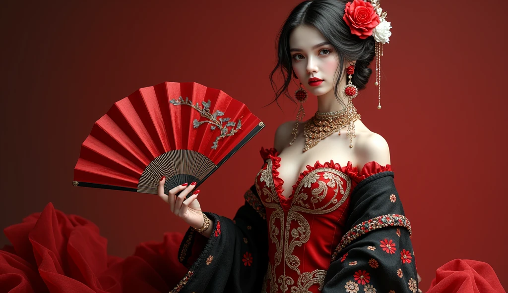 Create an image of a female character inspired by Spanish flamenco dancing, dressed in an elegant flamenco dress. Character should have a pale face with slightly rosy cheeks., evoking fever and malaise. Their eyes should be large and pearl gray.., with an enigmatic glow. Hair, long and wavy, It should be collected in a low bun decorated with red and white flowers... The flamenco dress should be deep red with curly ruffles that add movement when dancing... The bodice of the costume should be decorated with gold embroidery imitating patterns of viruses and cells.., with white details evoking ancient masks. Includes a black shawl with red and silver embroidery, with small details in the form of leaves. Earrings should be large and fan-shaped with red details.., and the shoes must be black patent leather with wooden heels and gold embroidery imitating microscopic patterns. Character must hold a red fan with gold details that reveal a striped pattern, and wear a red flower in your hair. Character'Your posture and attitude should be elegant and determined.., that reflects a combination of strength and beauty in difficult times.