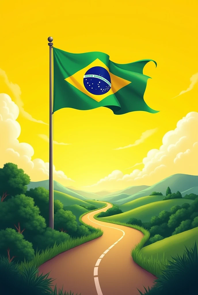 a pole with a Brazilian flag in a landscape with a yellow sky and on the road
