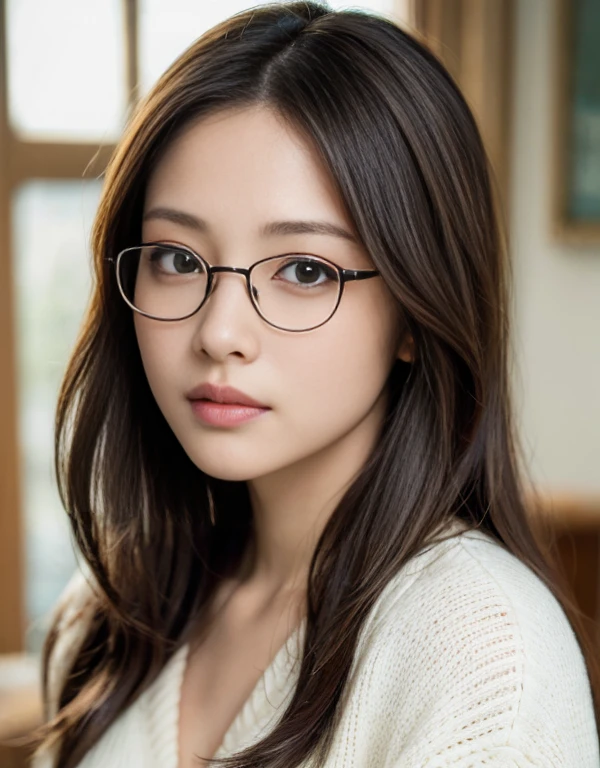 Tabletop、(masterpiece:1.3), (8k, Photorealistic: 1.4, RAW Photos, Best image quality: 1.4), Japanese Idols、Super detailed face、Attention to detail、Genuine、 double eyelid、Big and attractive eyes,Perfectly beautiful eyes、 Sharp focus:1.2、Beautiful woman:1.5、 Light brown hair、 Highest quality、masterpiece、Ultra-high resolution、Depth of written boundary、Perfect Shadow、(Photorealistic:1.4)、 Highly detailed and professional lighting、 Perfectly shaped、Symmetrical face、beautiful girl,Sharp focus, Perfect Anatomy,Realistic Light、sweater、Kabukicho、Large black-rimmed glasses、realistic glasses、mole under the corner of the eye、