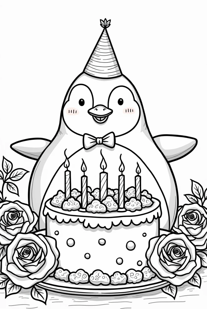 Make me a coloring template of a penguin with a cake and roses 