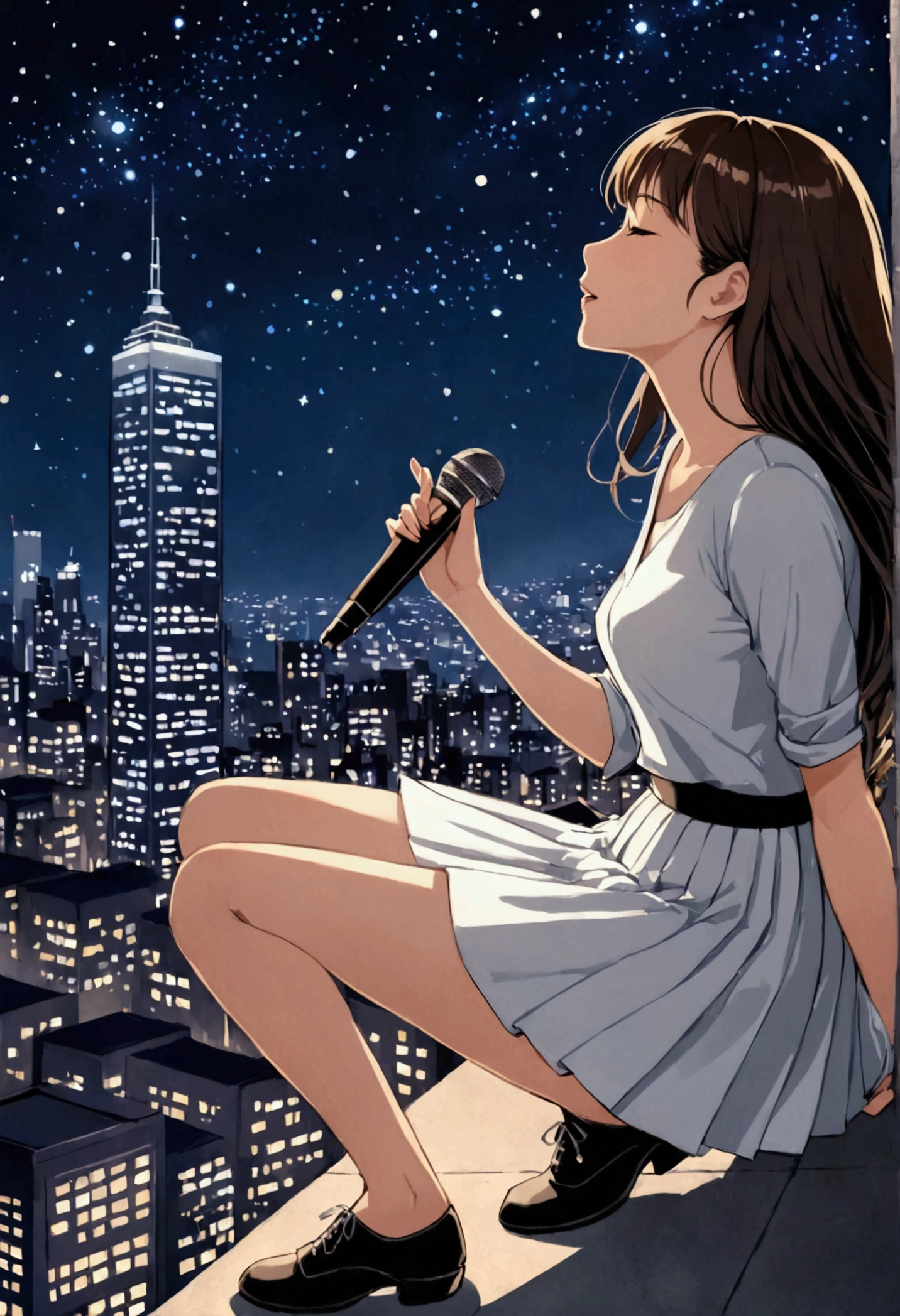 A girl sits on the edge of a building with a night view. She wears a white skirt and black shoes. The girl is looking at the skyscrapers below her. The camera shows the girl from the more side view, she is singing and happily rhythms with her feet. Above her head is a beautiful urban starry sky written in an animated style. Below her, the night view is detailed with stars and city lights in great detail, creating a fantastic and beautiful urban night