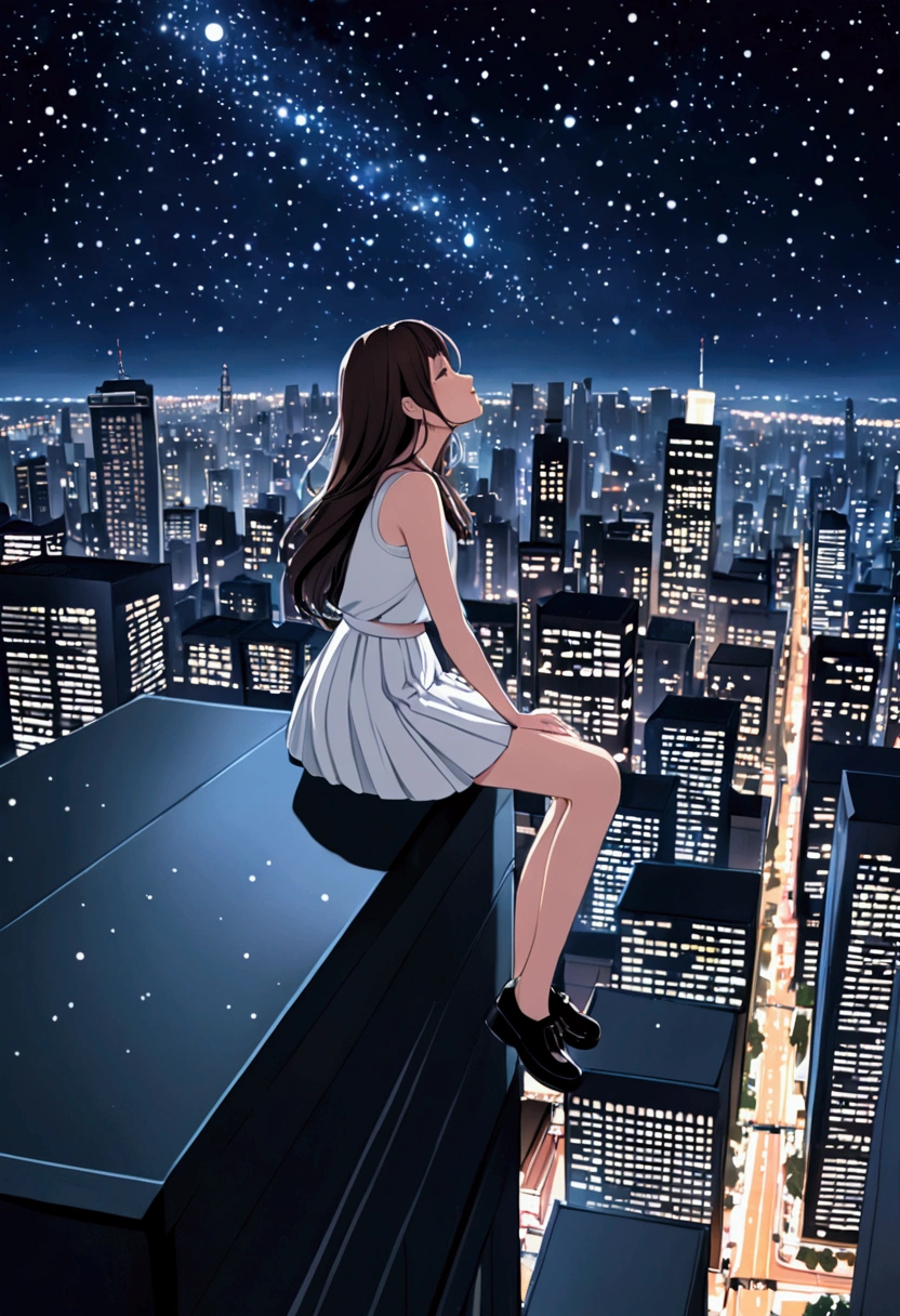 A girl sits on the edge of a building with a night view. She wears a white skirt and black shoes. The girl is looking at the skyscrapers below her. The camera shows the girl from the more side view, she is singing and happily rhythms with her feet. Above her head is a beautiful urban starry sky written in an animated style. Below her, the night view is detailed with stars and city lights in great detail, creating a fantastic and beautiful urban night