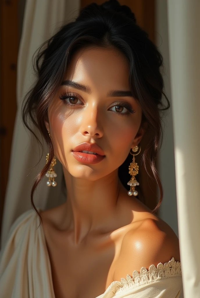 "Create an Indian AI model with strikingly beautiful eyes, a well-defined nose, and full lips. The model should embody classic elegance with a graceful and confident demeanor, while maintaining a natural and sophisticated appearance."