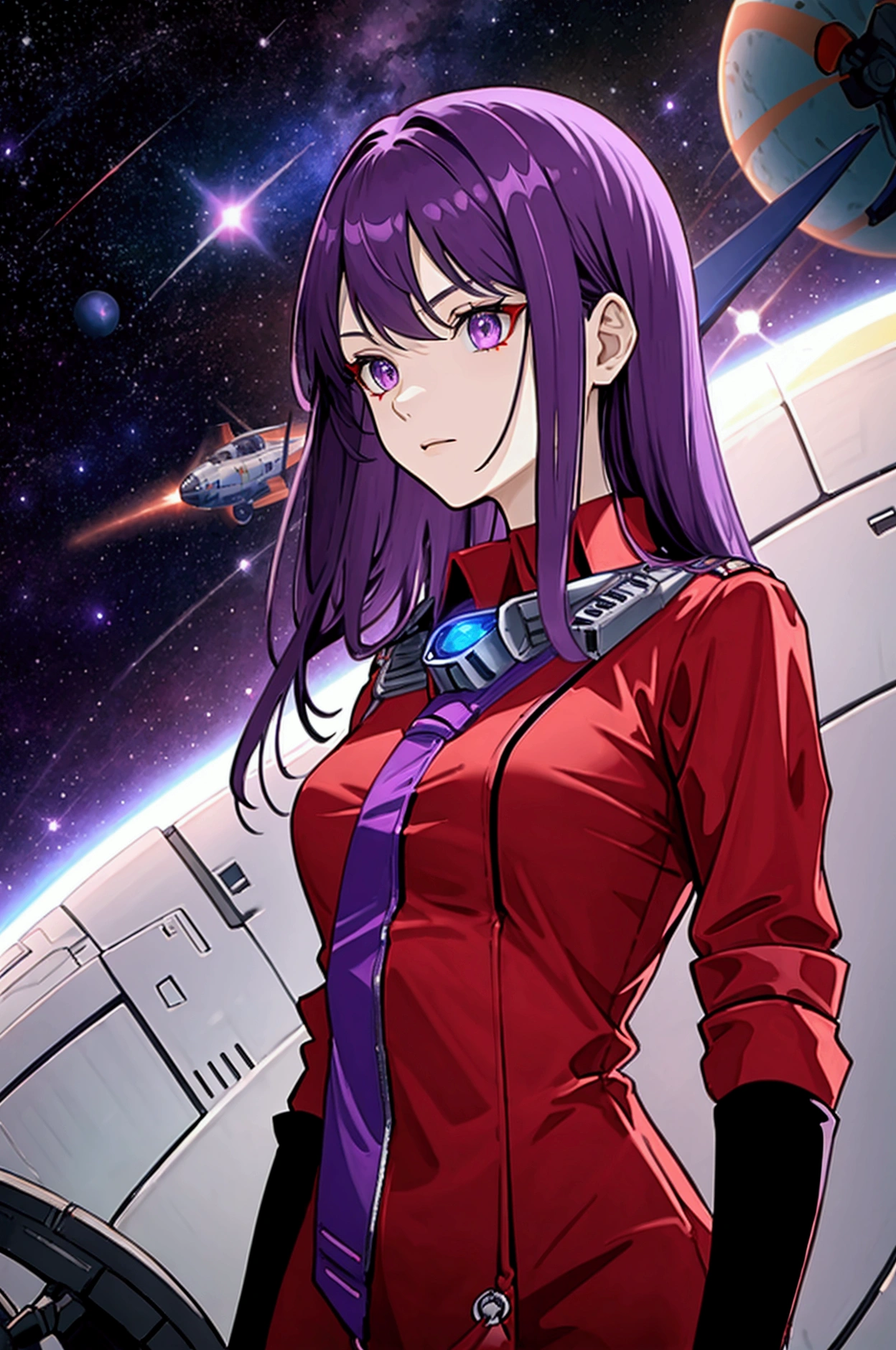 (neck cover plain red shirt), (only one beautiful and cool girl), (purple eyes), (medium hair), (straight hair), (purple hair), (science fiction),(ace pilot),(black long gloves), (space), (facing the front)