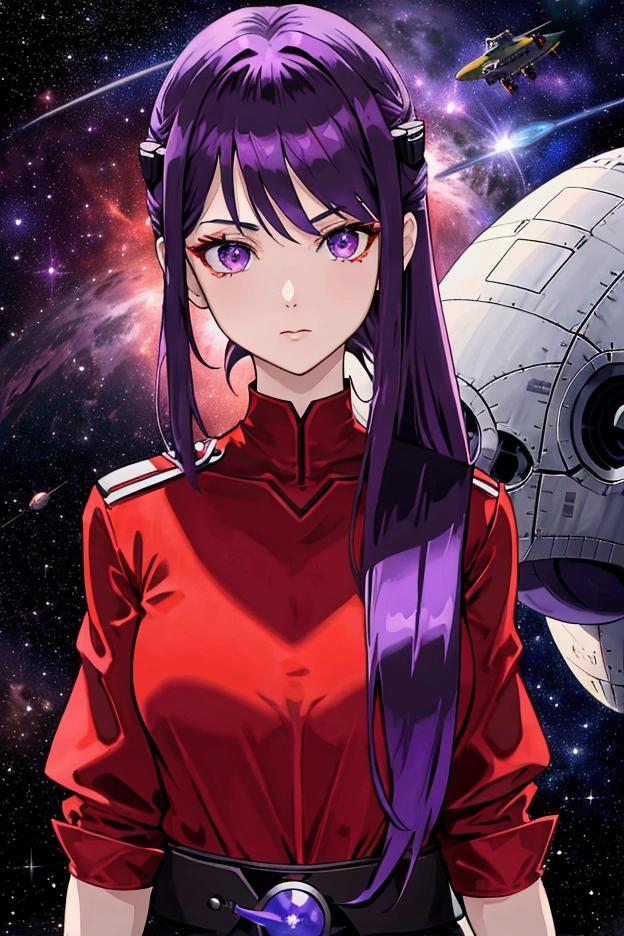 (neck cover plain red shirt), (only one beautiful and cool girl), (purple eyes), (medium hair), (straight hair), (purple hair), (science fiction),(ace pilot),(black long gloves), (space), (facing the front)
