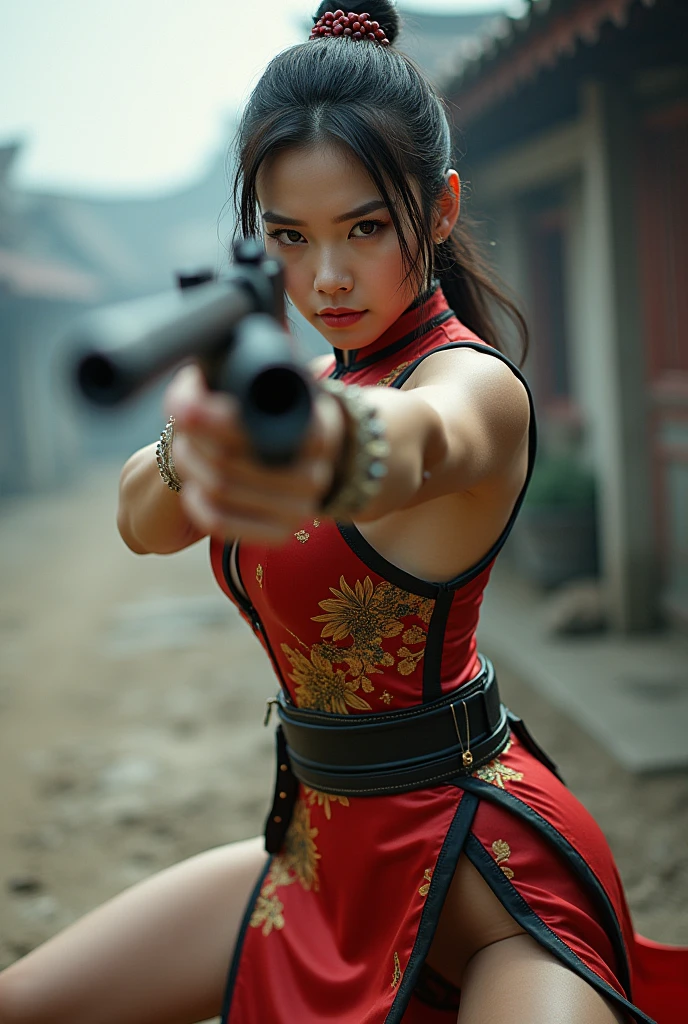 beautiful sweet chinese pink cheongsam tight mini skirt standing legs spread hip shoulder firing rifle gun toting force grip aiming side target