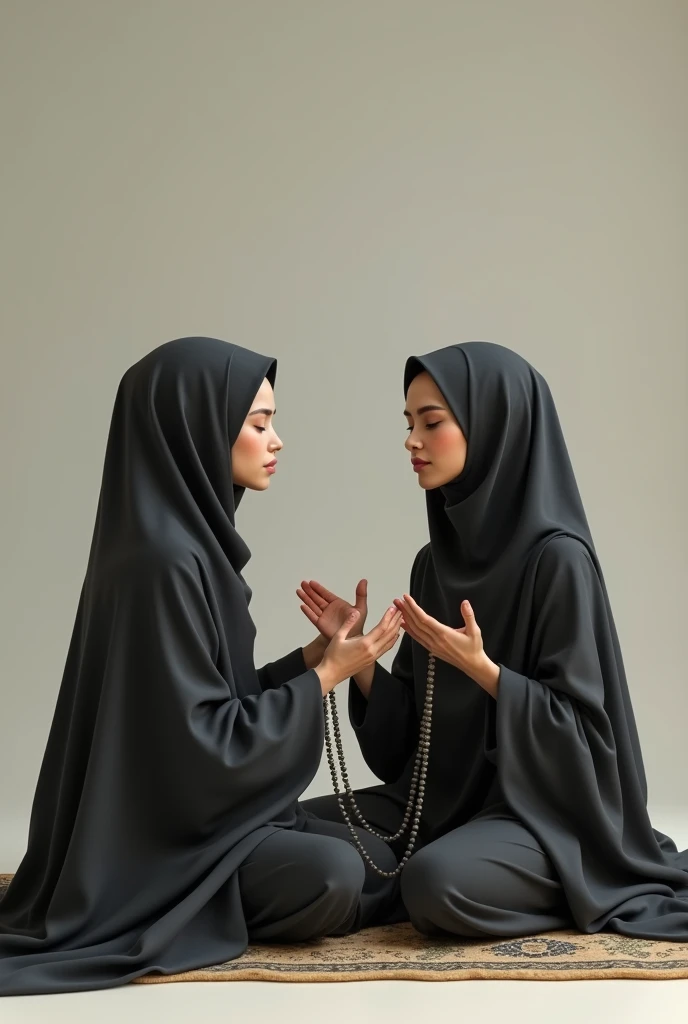 2 Muslim woman, white, sitting on a prayer mat in a bikini and wearing a veil, there are prayer beads in her hand