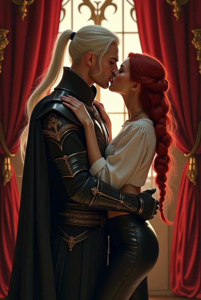 Create a handsome and attractive prince of hell, that he is wearing dark armor with gold and a cape, that has white hair tied back in a high ponytail, that he is kissing hard a beautiful redhead woman, that she has her hair in a single braid and that she is dressed in a white shirt with a white shirt that has leather pants and boots up to her knees. Put them both hidden behind a red curtain against a large window. 
