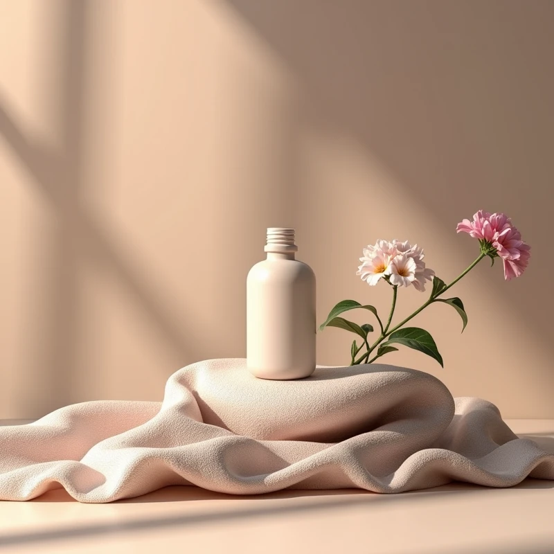 Soft folded base fabric,Essential oil bottle on top,Geranium flowers placed next to