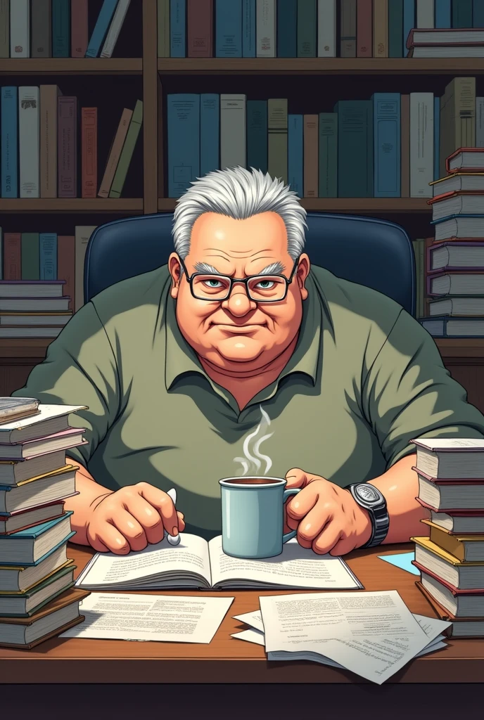 Create an anime of a fat man, gray-haired, studying for a contest and having a coffee, focused on books
