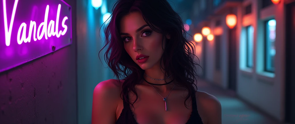 Sexy woman, by rubio, sensual face, Sexy clothes and black necklace on the neck with lights in the background and a purple sign that says the text in Spanish "vandals"