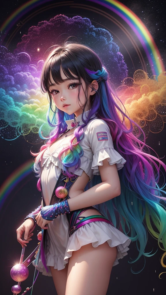 Shining in rainbow colors、((Better Quality)), ((artwork)), (be familiar with), Abstract magic rain, universe , performer, music, wallpaper, 4K Ultra Real、16K, Ultra-high resolution, Ultra-high resolution, to be born,wonderful ,future、Iridescent、The world 30 years from now