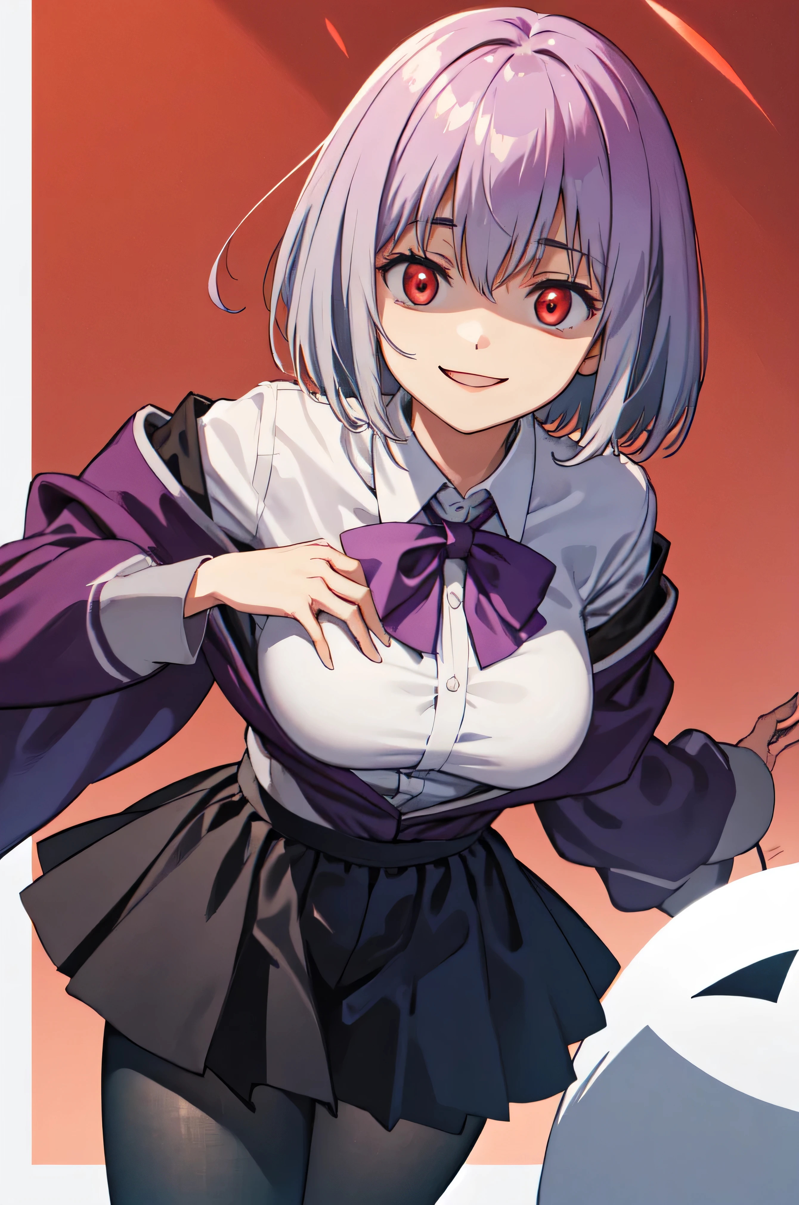 male, short hair, Red eyes, Large Breasts, Purple bow tie, Collared shirt, White shirt, Purple Jacket, Partially defrosted, Long sleeve, Sleeves are longer than the wrist, Pleated skirt, Black Skirt, pantyhose, smile, Waist clothes, night, dark, room, Shine, Backlight, Open your mouth, Leaning forward, , View your viewers, Hollow Eyes, masterpiece, Highest quality, High resolution, Nice hands, Perfect hands, Cowboy Shot,Too evil smile,smile the worst,Looking down at the viewer,Smile at its worst,Devilish Laugh,Dark shadowed face,Smile face,big monster ,Dark purple background,both hands,Five Fingers,Two legs,, One-sided black wing,Dark shadowed face,A sadistic smile,Malice,Contempt,smile,both hands,Two legs,Five Fingers,solo,Decorated with skulls. background, A mountain of skulls beneath