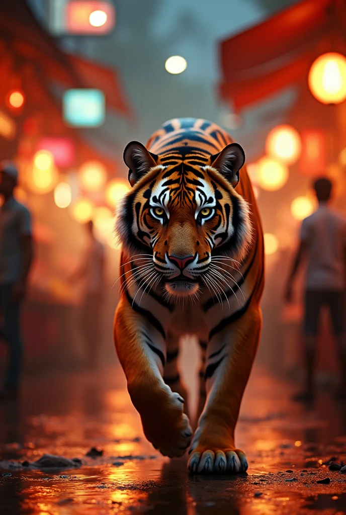 The tiger in mumbai market in night a orage neon light