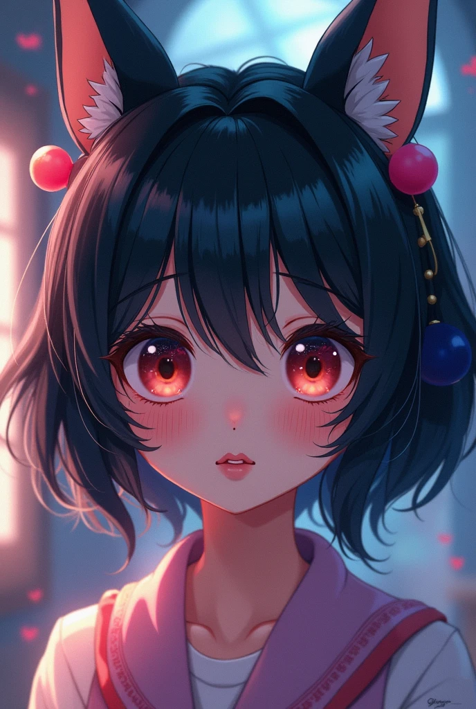 black hair, hair bobbles, wince, longeyelashes, solid circle eyes, fake animal ears, light smile, ear blush, fang, ccurate, Surrealism, drop shadow, anaglyph, stereogram, tachi-e, pov, atmospheric perspective, character chart, 8k, super detail, best quality