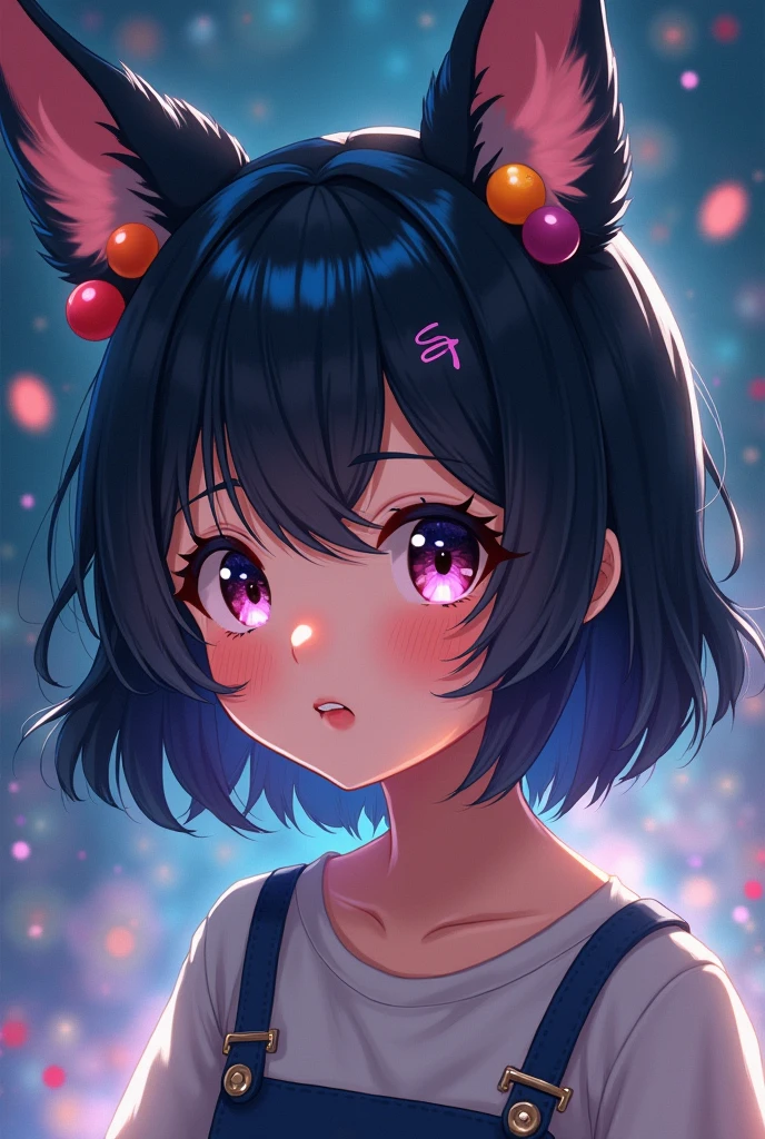 black hair, hair bobbles, wince, longeyelashes, solid circle eyes, fake animal ears, light smile, ear blush, fang, ccurate, Surrealism, drop shadow, anaglyph, stereogram, tachi-e, pov, atmospheric perspective, character chart, 8k, super detail, best quality