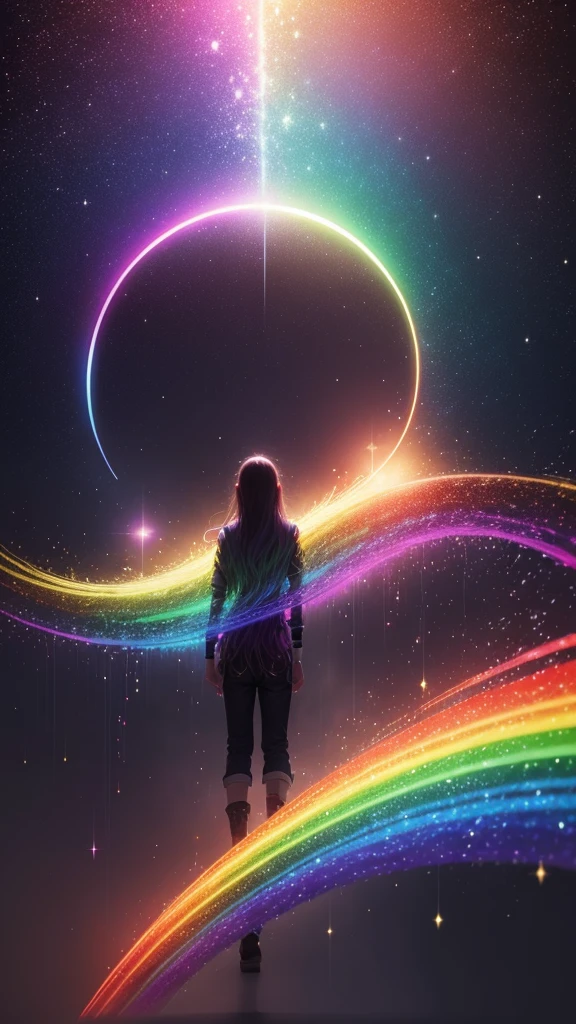 Shining in rainbow colors、((Better Quality)), ((artwork)), (be familiar with), Abstract magic rain, universe , performer, music, wallpaper, 4K Ultra Real、16K, Ultra-high resolution, Ultra-high resolution, to be born,wonderful ,future、Iridescent、The world 30 years from now