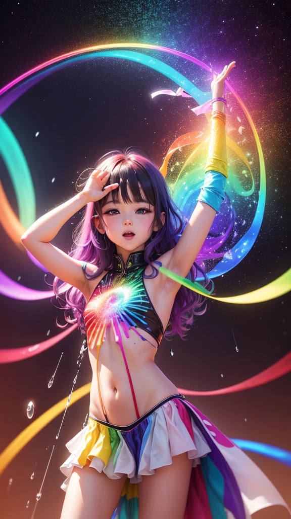Shining in rainbow colors、((Better Quality)), ((artwork)), (be familiar with), Abstract magic rain, universe , performer, music, wallpaper, 4K Ultra Real、16K, Ultra-high resolution, Ultra-high resolution, to be born,wonderful ,future、Iridescent、The world 30 years from now