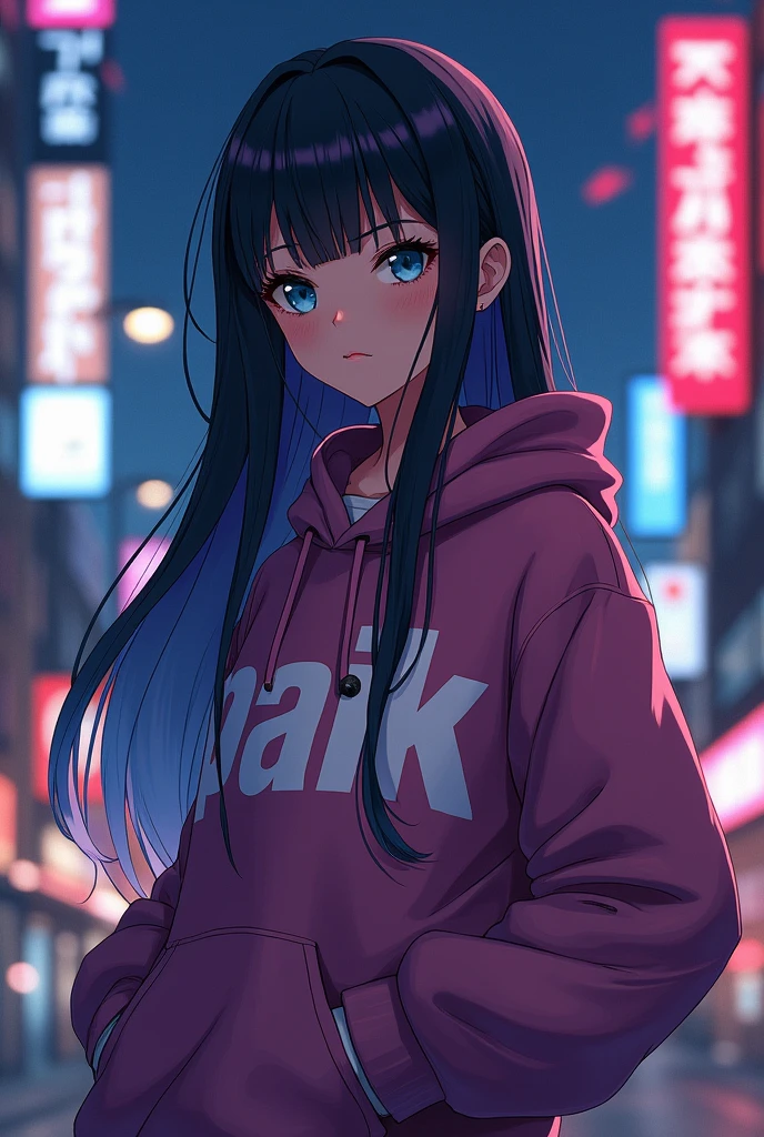 Create anime character;
{background: capital HD text: “GLBK” in right-top, night}, tanned skin,
realistic, HDR, beautiful, japan style, full body, age 20, hoodie HD text: “Paik”, female, color Gradient hair, long hair