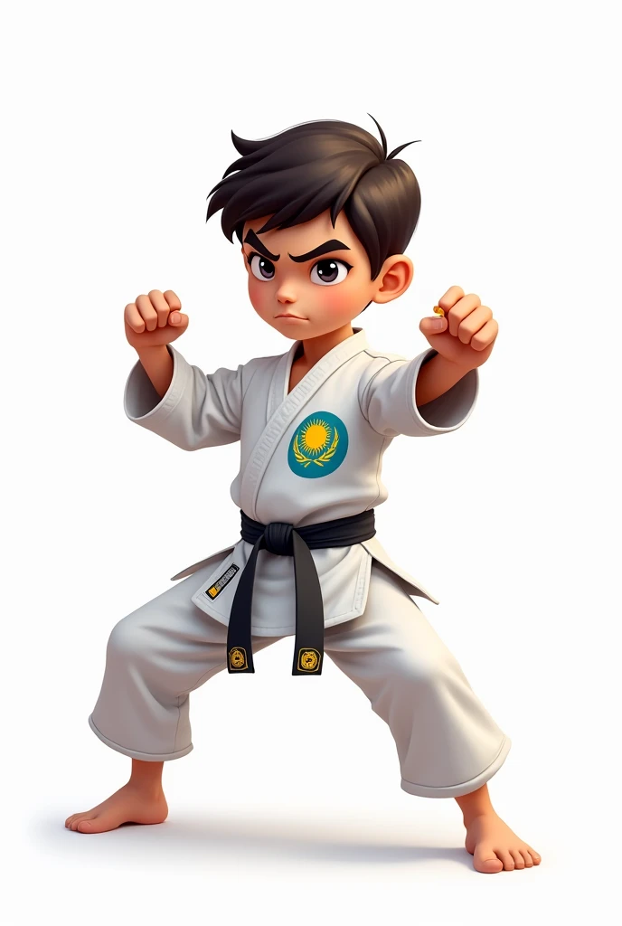 ((officially)) ((masterpiece)) ((Best quality)) ((detailed)) cartoon boy karateka in uniform with emblem flag of Kazakhstan in fighting stance on white background