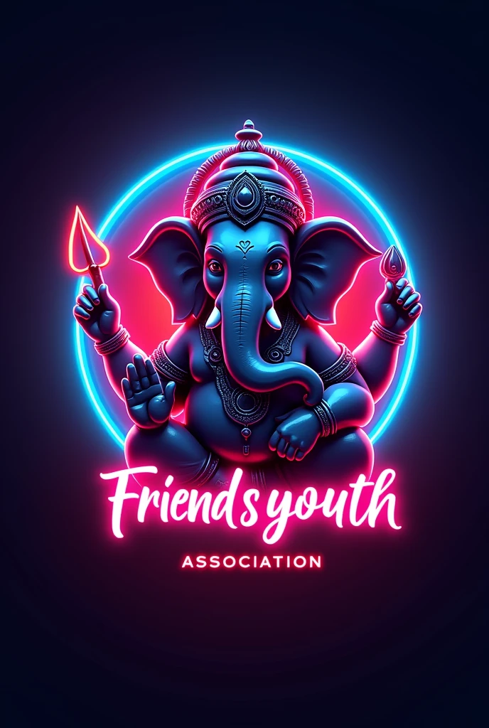 Create a logo with the name of FRIENDSYOUTH ASSOSIATION with neon lights Ganesh idol
