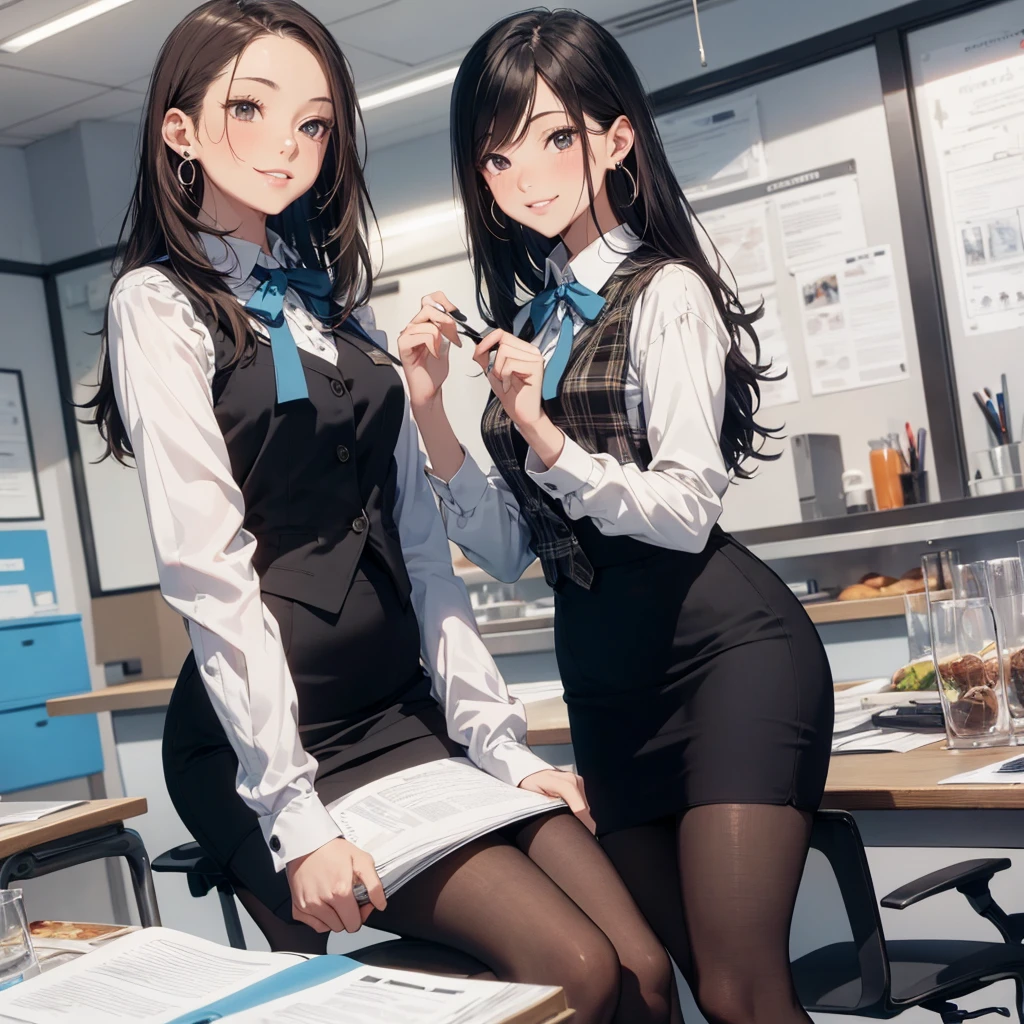(Best Quality, Masterpiece),Wearing a pink plaid vest, White short sleeved shirt, Gray pencil skirt, Wear stiletto heels, Necklace, earrings, Cute face, Smile, Blushing, Shyness, Glass wall, Ultra Detail, Realistic, Front view, Whole body, stunning, cute, warm smile, hourglass figure, apron, text, chart, advertising, magazine title(Best Quality, Masterpiece), Mag((((1ladyl,)))) (masterpiece), (realistic), (best quality), (ultra-detailed), (wearing in [[white and gray check pattern]] Vest worn over white collared long-sleeved shirt:1.4), (gray vest with buttons:1.2), (Pink Theme:1.2), (blue ribbon ribbon:1.3), (Black theme:1.4), (Tight black pencil skirt:1.5), ((Brown pantyhose)), (high-heels:1.1),longskirt,office desk, office chair,Lulubre Unity 8K Wallpaper, pantyshot, long brown hair, office lady Magazine Cover, 1girl,  amazing, girl, 30 years old, house wiife, warm smile, hourglass figure, text, chart, advertising, magazine title