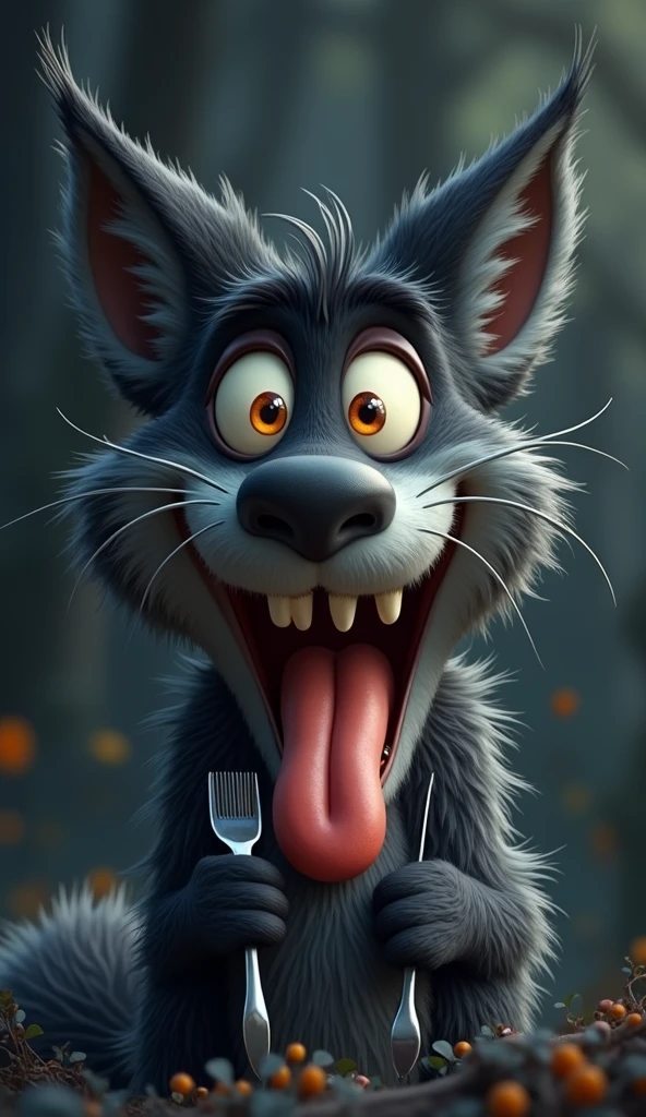 A hand drawn whimsical, cartoonish furry black fox with large, expressive orange eyes, and exaggerated facial features with canine teeth, long jaw, stands with a mischievous, wide-eyed grin, holding a fork in one hand and a knife in other hand and matching the exact expression as the (reference image:1.4). The fox's fur is dark black with tufts of fur adding texture and character. Its mouth is open wide with a comically large tongue sticking out, adding to its playful and mischievous appearance. The overall style is highly detailed with a touch of (hand-painted quality:1.4), focusing on exaggerated expressions:1.3, vibrant colors, and a humorous, light-hearted mood. The background is a softly blurred, dark-toned forest with hints of light filtering through the trees, adding to the magical and whimsical atmosphere.