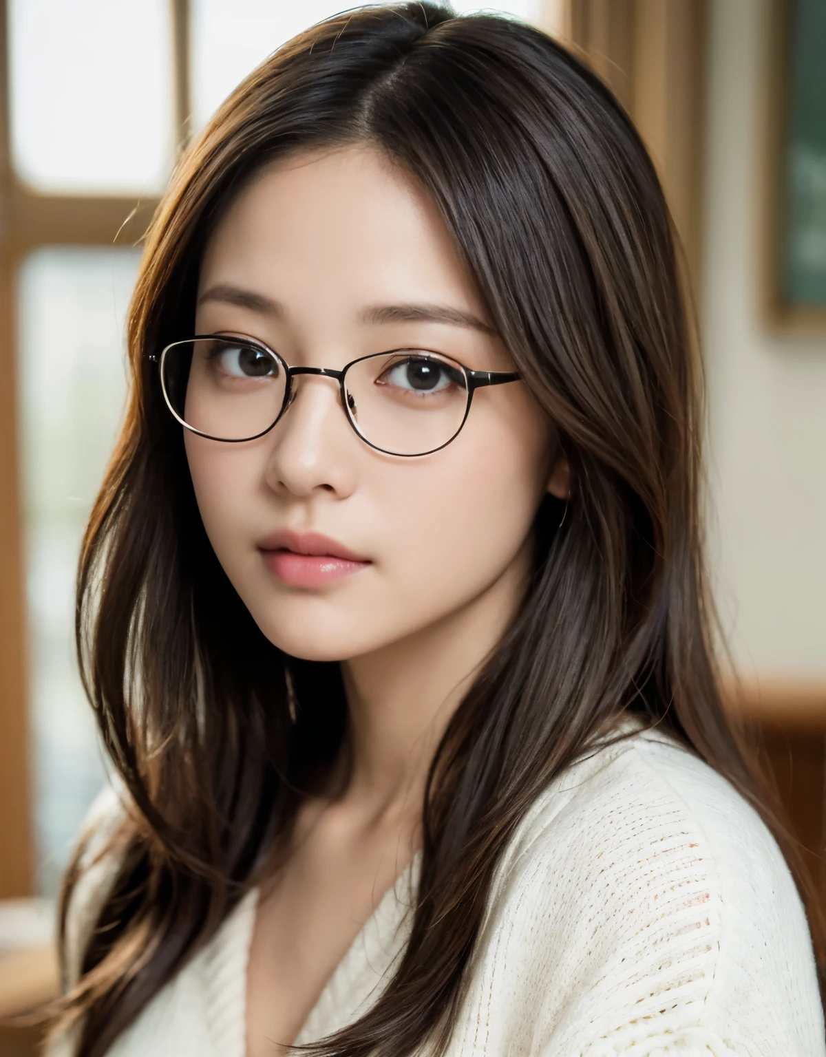 Tabletop、(masterpiece:1.3), (8k, Photorealistic: 1.4, RAW Photos, Best image quality: 1.4), Japanese Idols、Super detailed face、Attention to detail、Genuine、 double eyelid、Big and attractive eyes,Perfectly beautiful eyes、 Sharp focus:1.2、Beautiful woman:1.5、 Light brown hair、 Highest quality、masterpiece、Ultra-high resolution、Depth of written boundary、Perfect Shadow、(Photorealistic:1.4)、 Highly detailed and professional lighting、 Perfectly shaped、Symmetrical face、beautiful girl,Sharp focus, Perfect Anatomy,Realistic Light、sweater、Kabukicho、Large black-rimmed glasses、realistic glasses、mole under the corner of the eye、