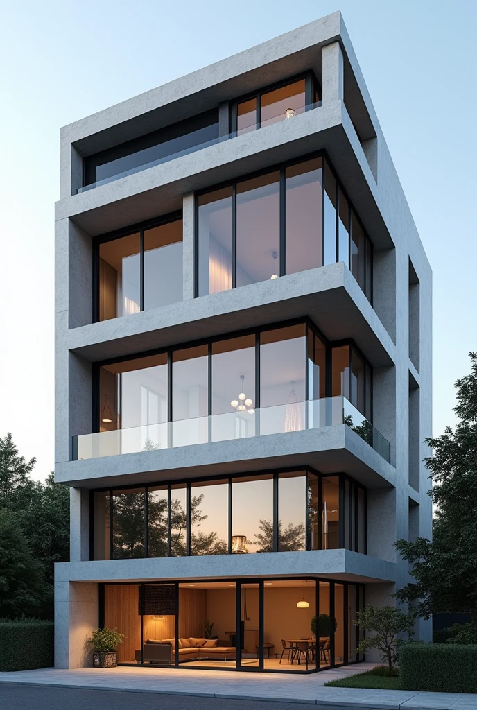 Residential facade , the plan , Le Corbusier , contemporary in condominium  ,  modern ultra realistic , 4K , High-resolution rendering 