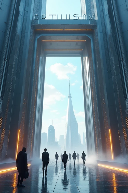 A grand digital gateway with 'Optimism' emblazoned above. Users are passing through, some having to go back and 'resubmit' their entry. The gateway is being upgraded in real-time, with 'Granite' hard fork symbols appearing. In the distance, a more secure and efficient digital landscape is visible.