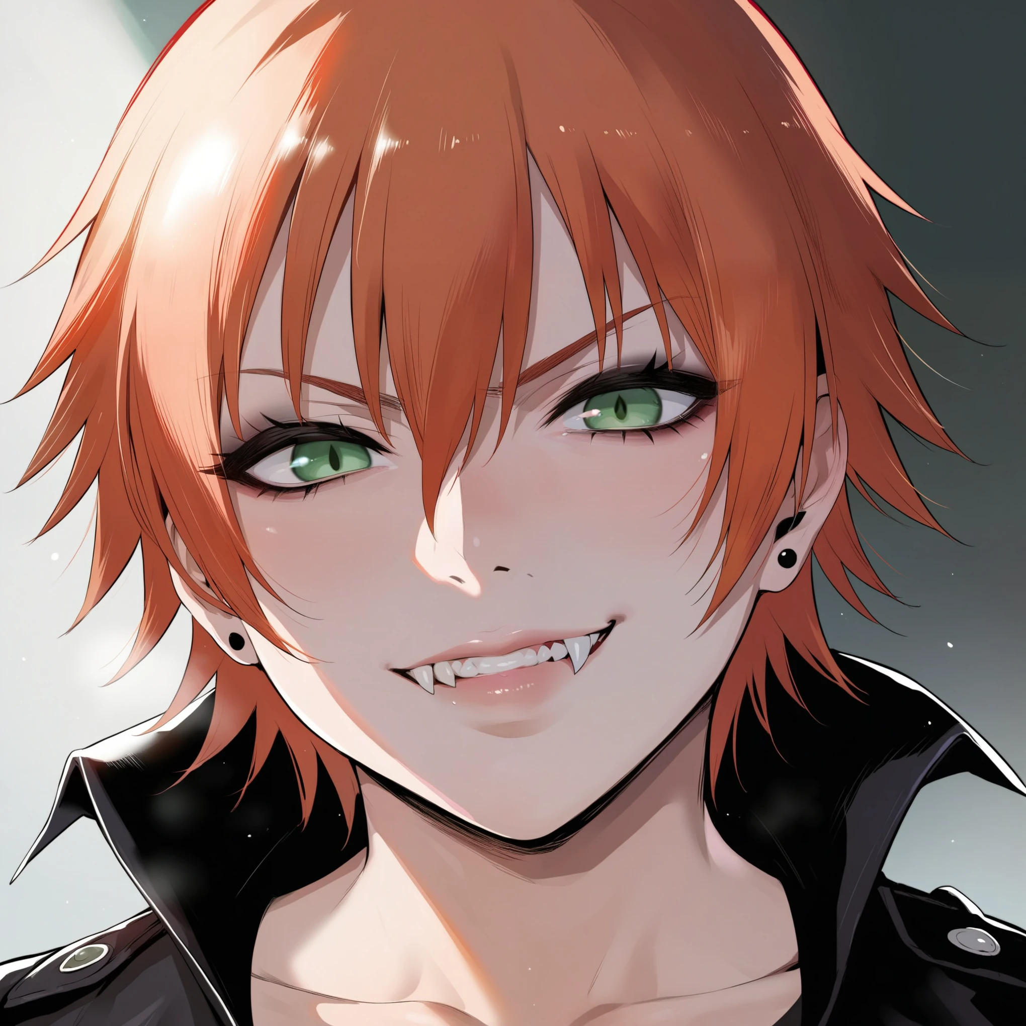 source_anime, rating_explicit, score_9, score_8_up, score_7_up, goth, gothic, ginger hair, short_hair, looking at viewer, hellsing, goth girl, ikuchan, smirk, green eyes, portrait face, face focus, face only, edgy, fangs, vampire, detailed, high quality 