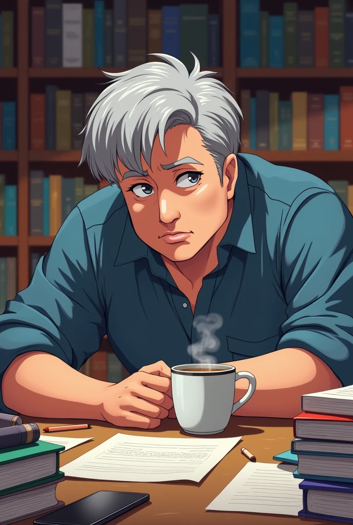 Create an anime of a young man, fatter, gray-haired, studying for a contest and having a coffee, focused on books
